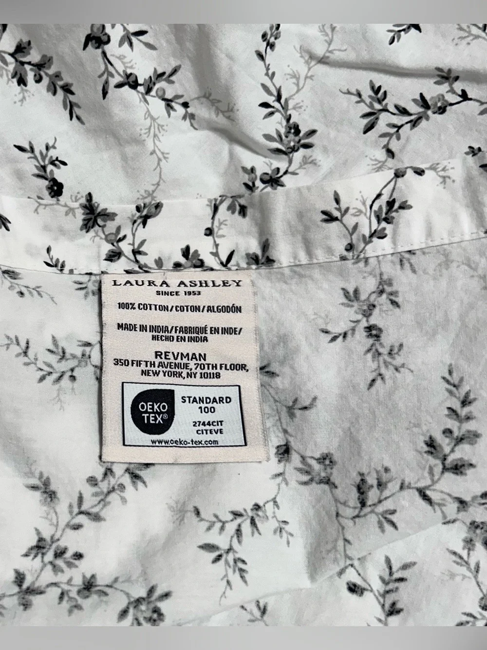 Laura Ashley Twin XL Flat Sheet 100% Cotton White/Black/Gray Floral OEKO-TEX